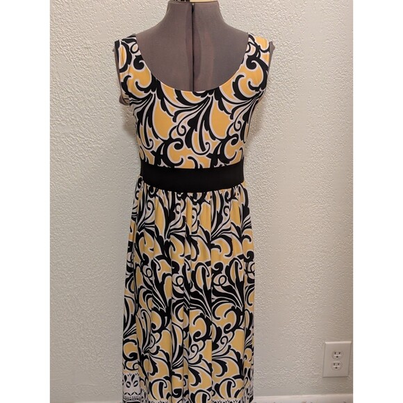 Cato Black Yellow Abstract Print Pleated Bodice A-Line Dress M Lightweight - Picture 3 of 11